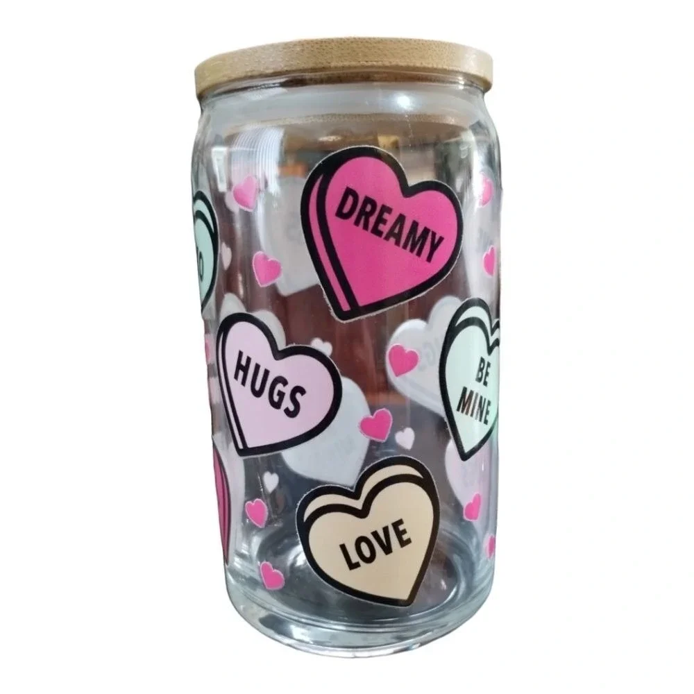 Conversation Heart Glass Can Cup Tumbler Valentine Day Gift Bamboo Lid UVDTF